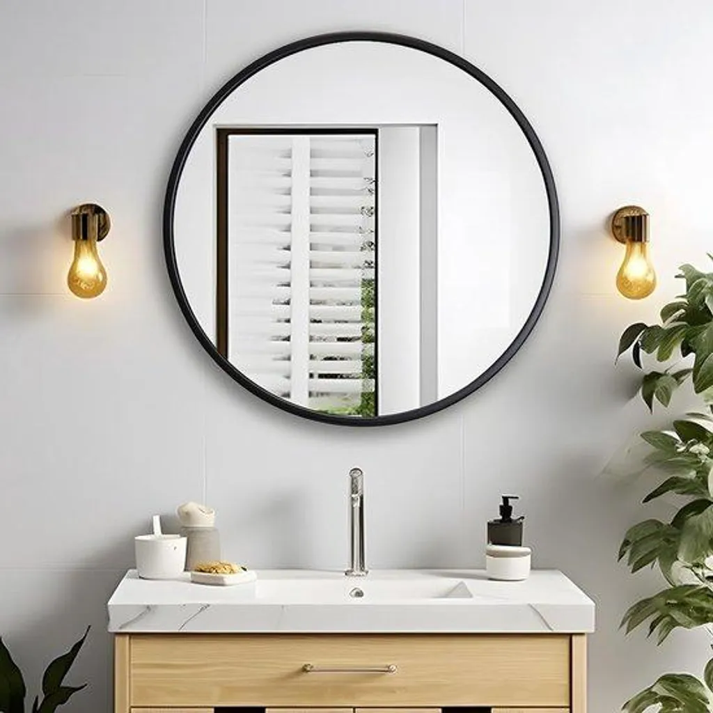 Miroir de salle de bain rond 50 cm en aluminium noir mat et verre premium
