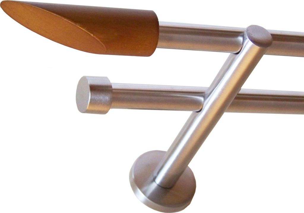 Gardinenstange Set Edelstahl Look Metall Ø 16mm zur Wandbefestigung 2-lauf Modern Holz Schräge Scheibe, Länge wählbar H22 E53 E16