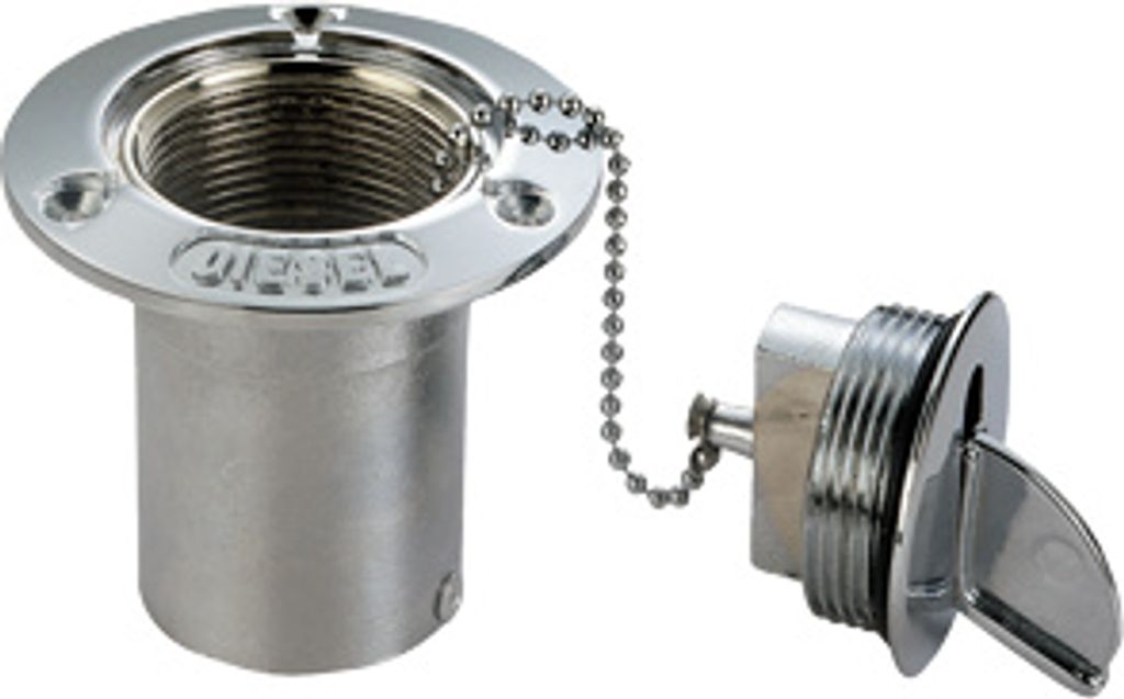 Allpa Messing-Verchromte Deckeinfüllstütze 'Diesel', Schlauchanschluss Ø50mm, Flansch Ø89mm, Lochmass Ø50mm