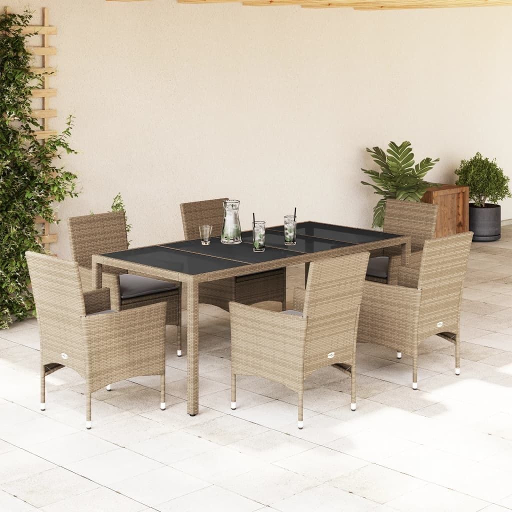Maison Exclusive - 7-tlg. Garten-Essgruppe mit Kissen Beige Poly Rattan und Glas