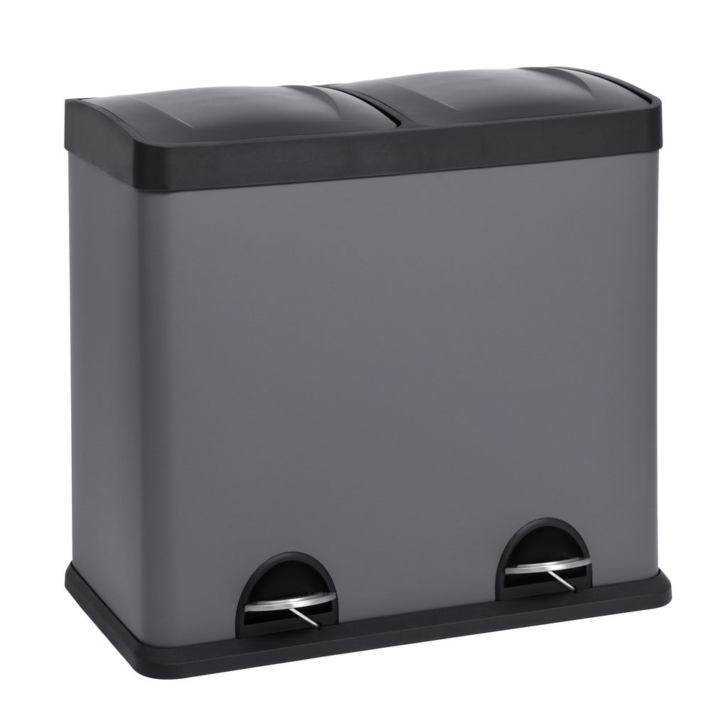 A gray dual-compartment trash can with black lids and pedals, shown against a white background.