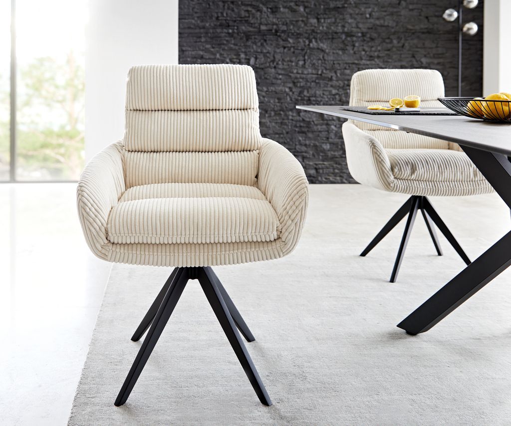 DELIFE Esszimmerstuhl Abelia-Flex mit Armlehnen Cord Beige Kreuzgestell kantig Schwarz