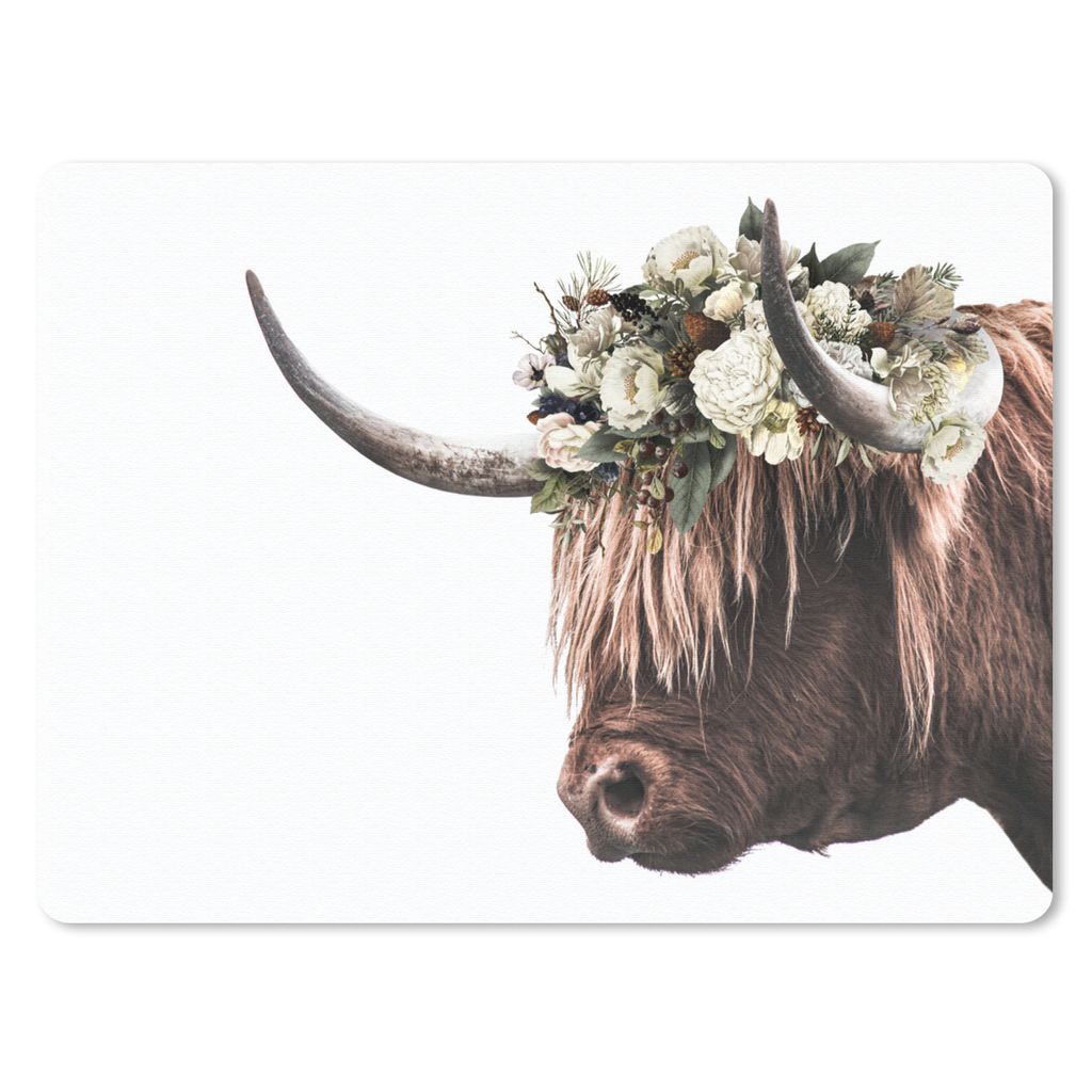 MuchoWow Mauspad Mousepad Schottischer Highlander - Rosen - Weiß 23x19 cm - Mousepads - Maus Mat - Pad - Mausunterlage - Schreibtischunterlage -...