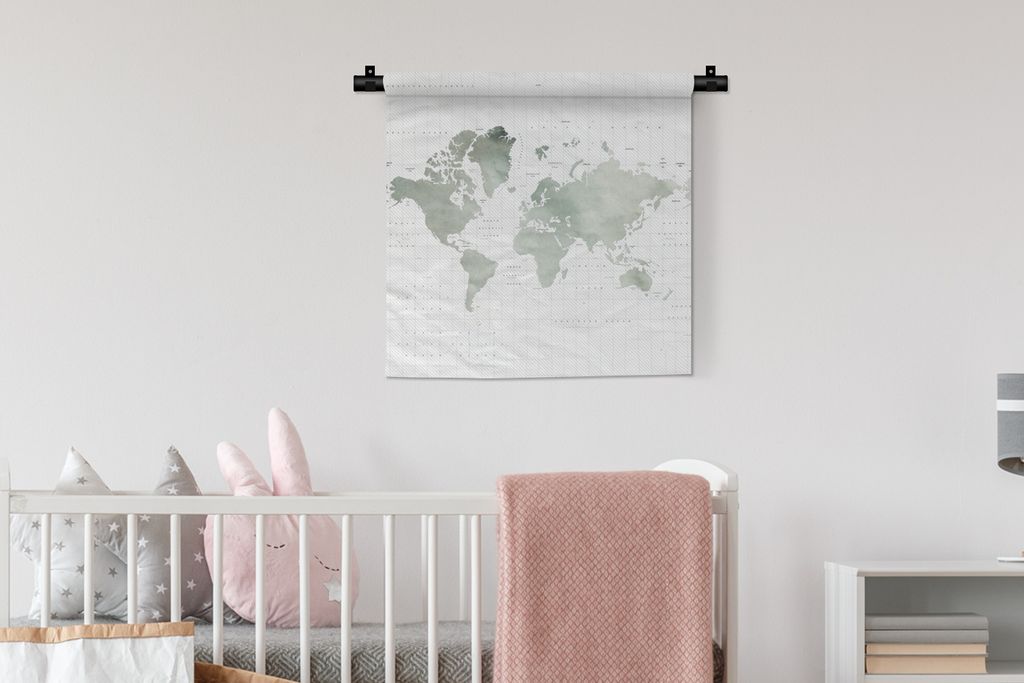 MuchoWow Wandteppich Wandbehang Weltkarte - Grau - Aquarell 60x60 cm Tapisserie Dekoration Wandtuch - Dekorationen - Wand Decke