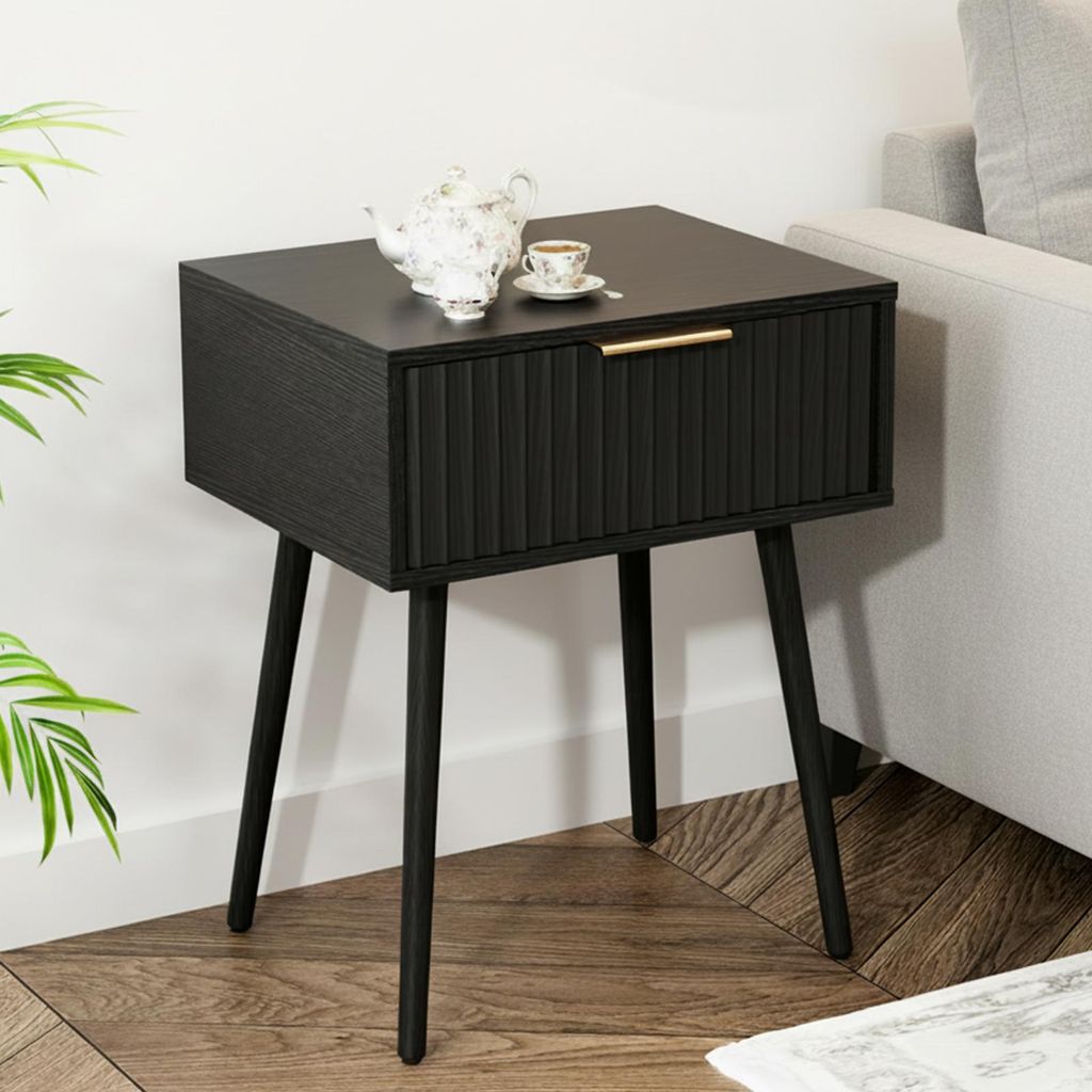 FCH Nachttisch mit Schublade, Gekerbter, Beistelltisch für Schlafzimmer, 48 x 30 x 60 cm, Schwarz