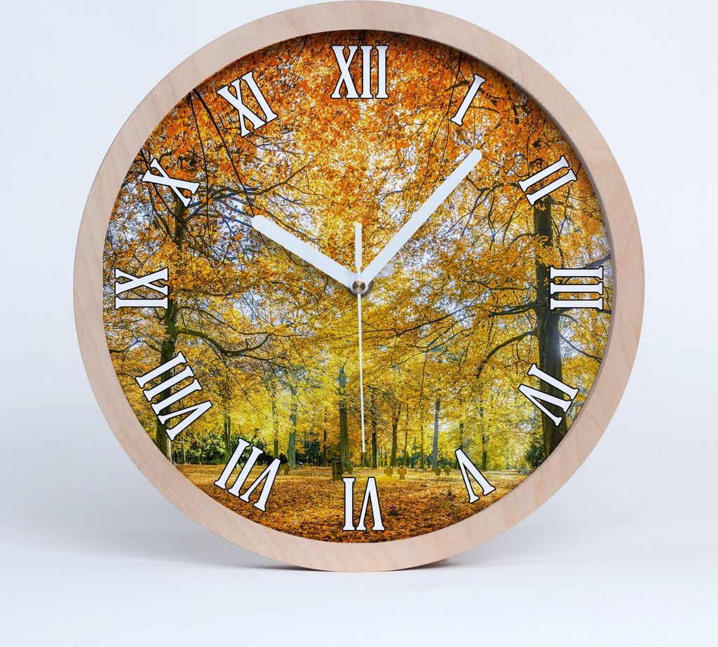 Holzuhr 30fi cm wanduhr - weiße Spitzen - Herbstwald