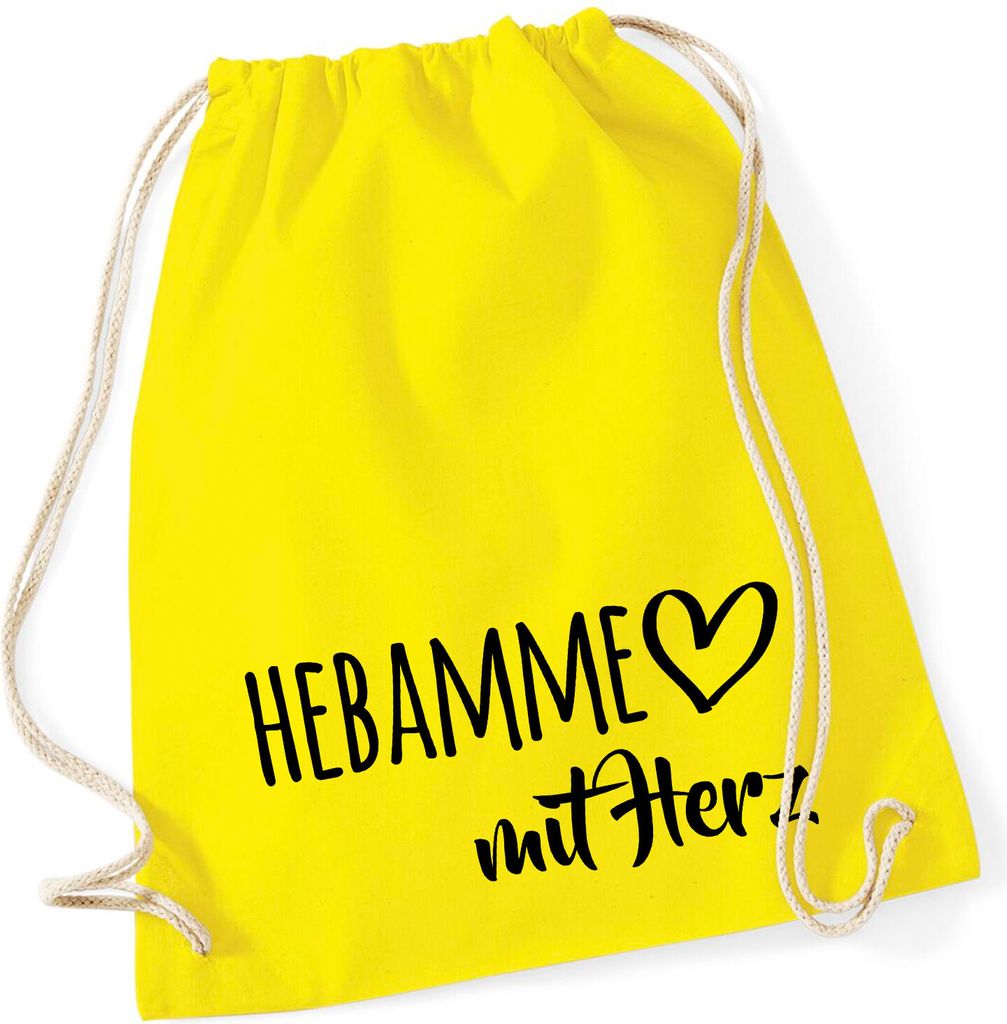 Huuraa Turnbeutel Hebamme mit Herz 12 Liter Yellow Baumwolle Rucksack Geschenkidee