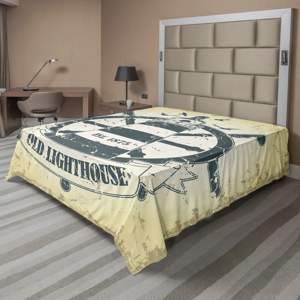 Drap de lit doux motif oiseaux marins et phare, textile nautique 275 cm