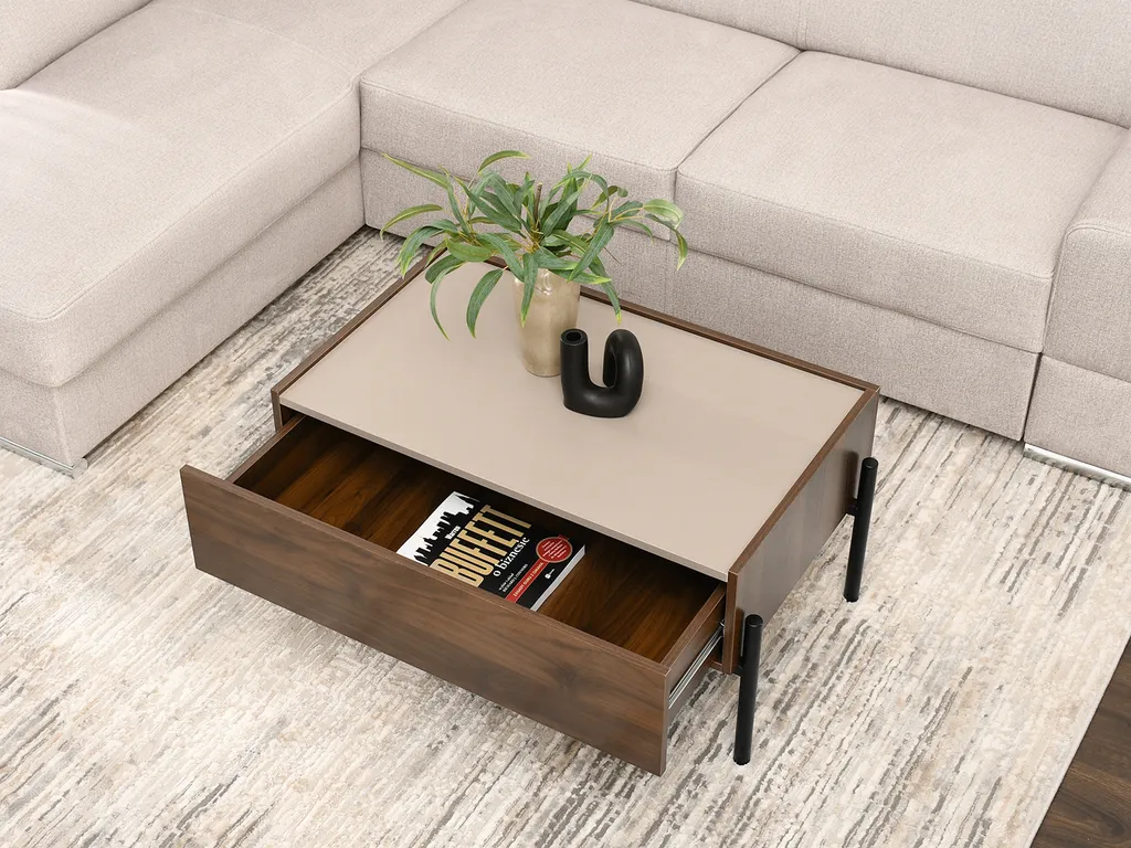 Table basse rectangulaire en bois de noyer et tiroir couleur beige - 4