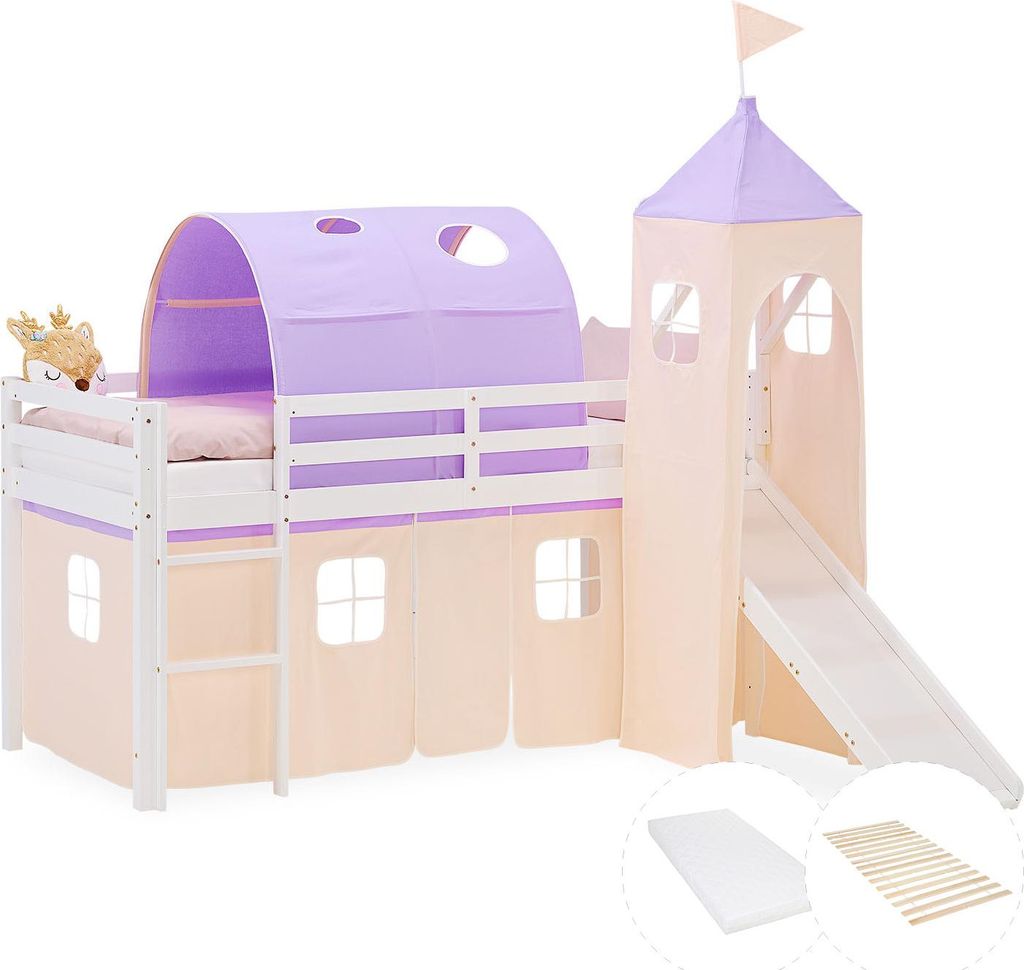 Homestyle4u Kinder Hochbett 90x200 Rutsche Kinderbett mit Matratze