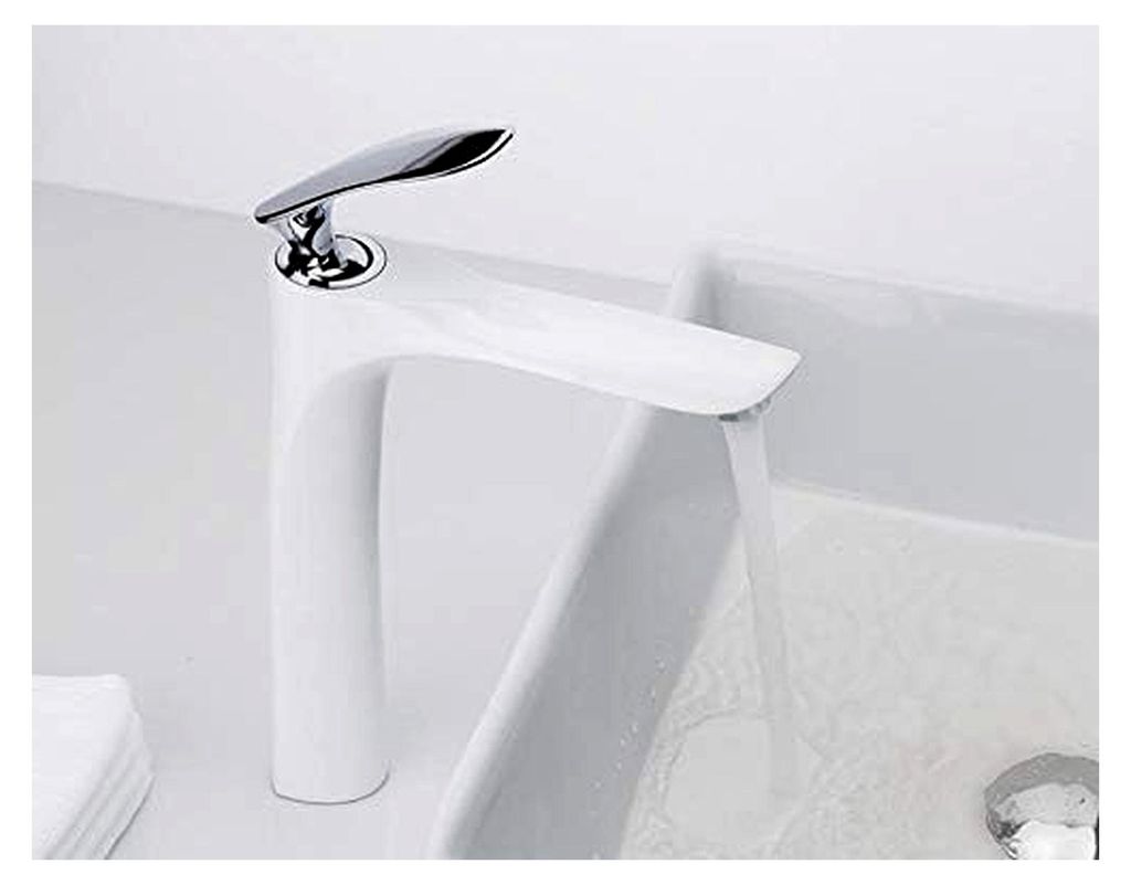 Hohe Messing-Badezimmerarmatur mit weißem und verchromtem Finish, Einhand-Badezimmerarmaturen, Heiß- und Kaltwassermischer, Waschbecken-Wasserhahn