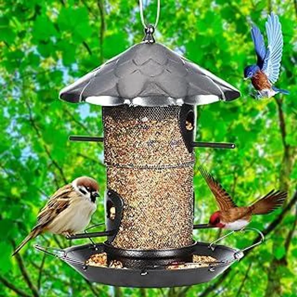 Mangiatoia Per Uccelli In Metallo – 27x27x21,5 Cm, Decorativa Con Uccellini, Da Parete, Per Giardino E Balcone
