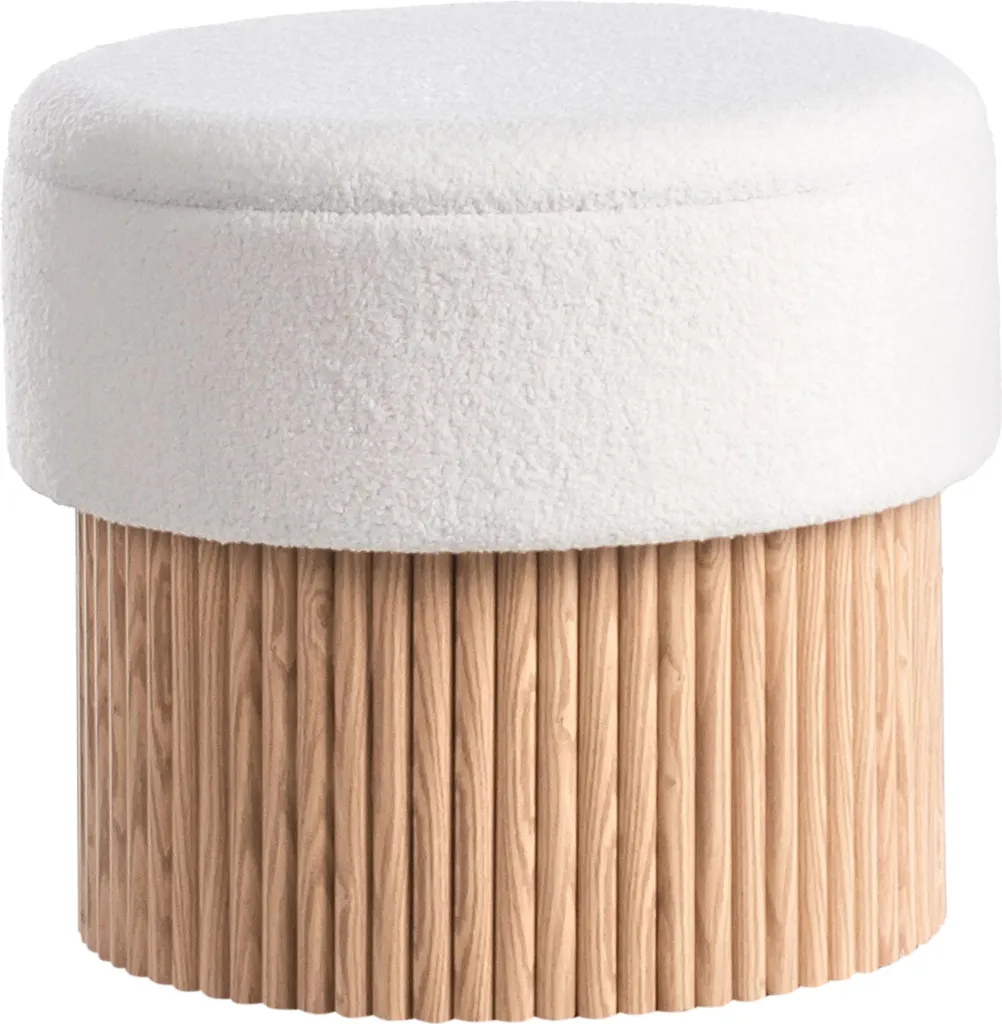 Pouf de salon pour rangement et repose-pieds en bouclé blanc crème
