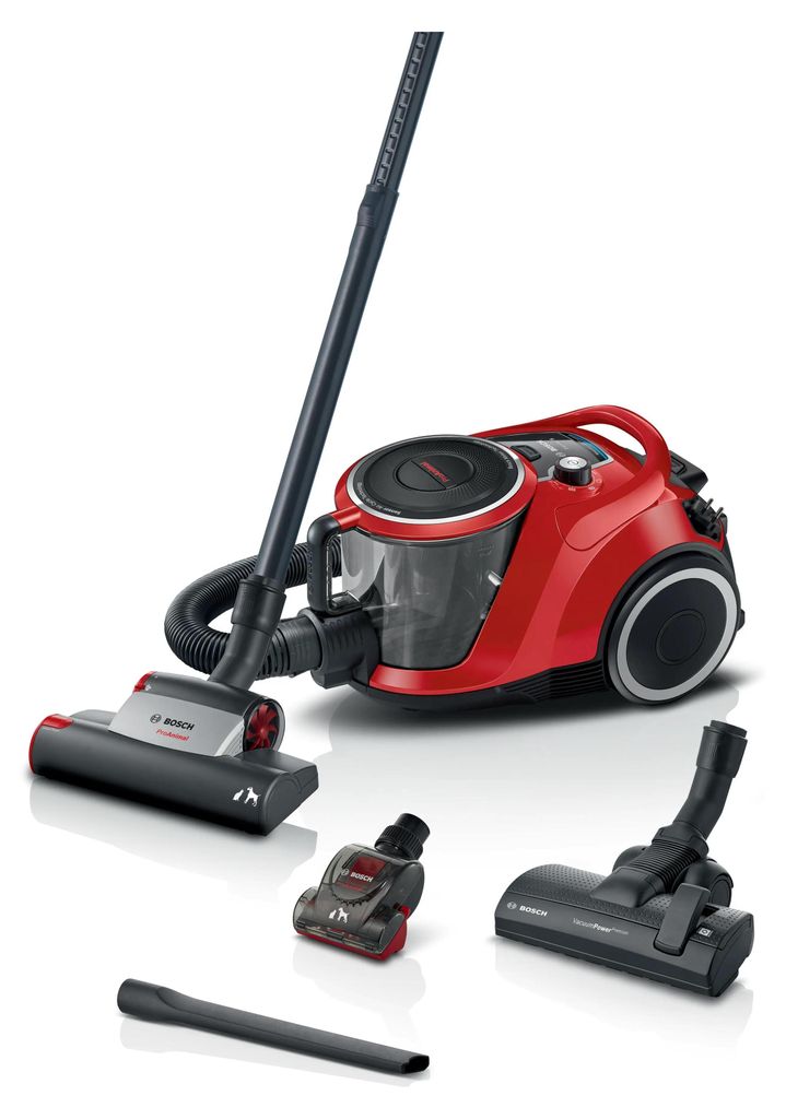 A red Bosch ProAnimal vacuum cleaner with various attachments displayed on a white background.