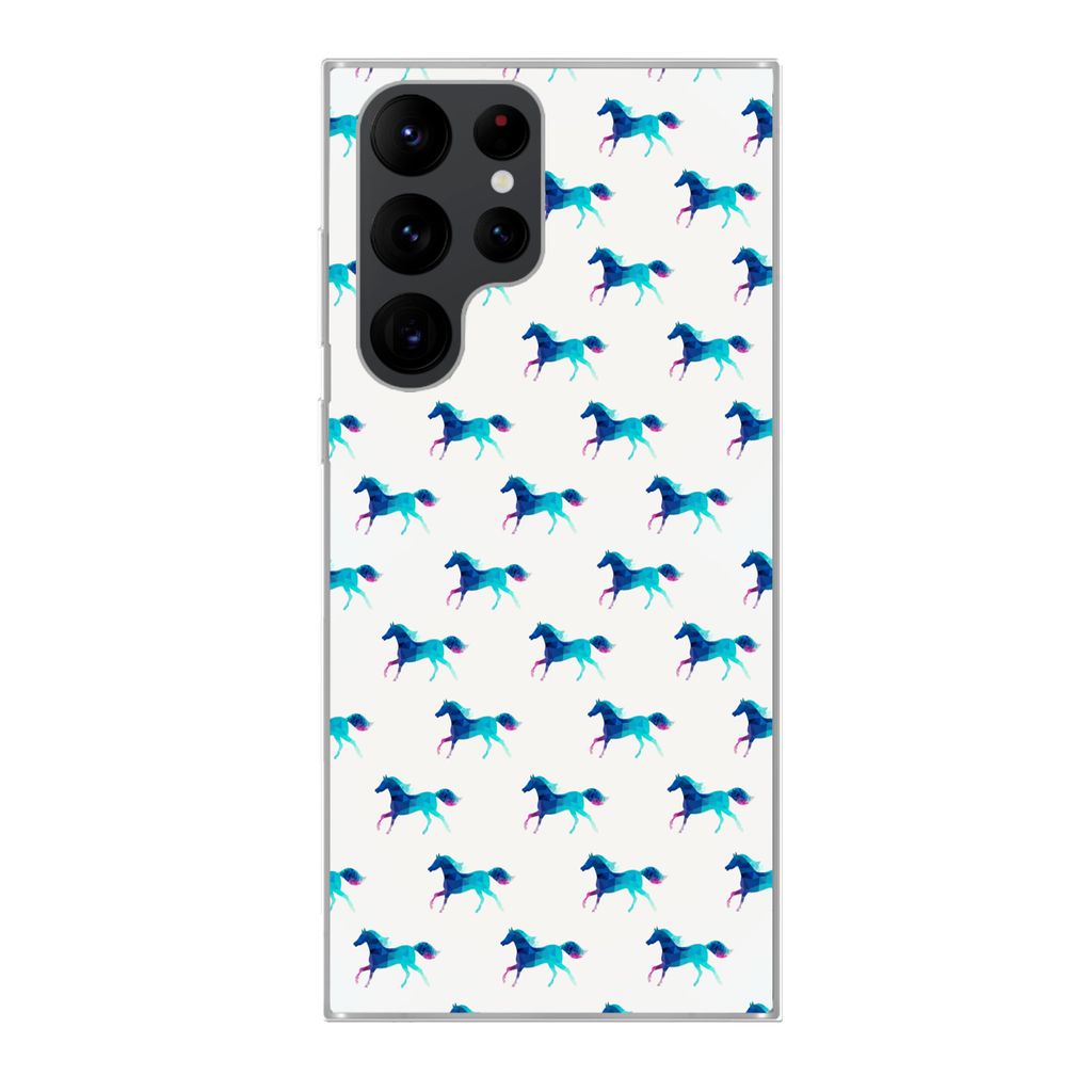 MuchoWow Handyhülle Schutzhülle Hülle für Samsung Galaxy S22 Ultra Mädchen - Pferde - Kristall - Muster - Mädchen - Blau - Kinder - Kind Si...