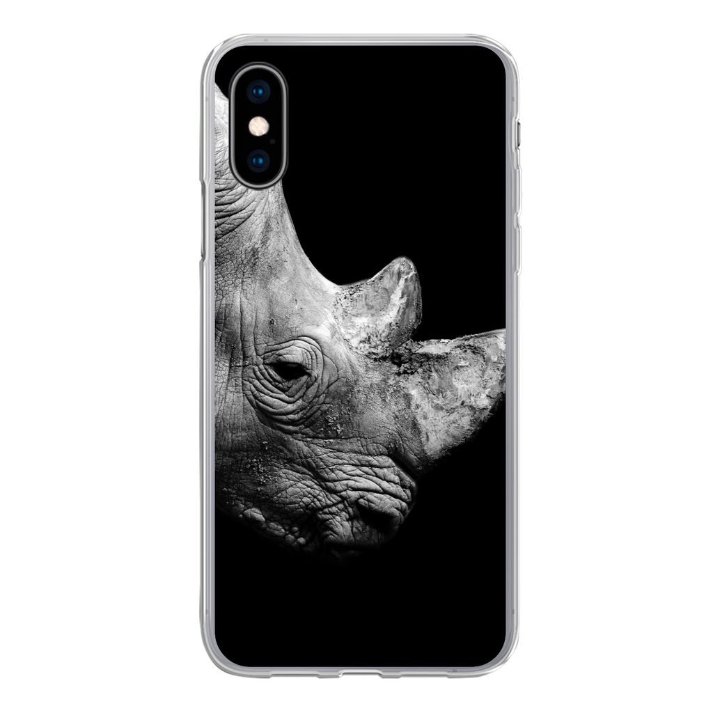 MuchoWow Handyhülle Schutzhülle Hülle für iPhone X Portrait Nashorn auf schwarzem Hintergrund Silikon Softcase Handy Hülle - Handyhülle