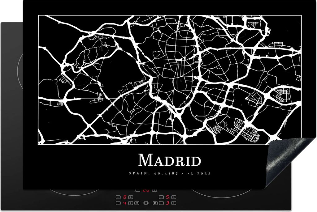 KitchenYeah Herdabdeckplatte Madrid - Karte - Stadtplan , 81x52cm, Küche Deko, Glaskeramikkochfeld Herdabdeckung, Abdeckplatte fùr Kochfeld