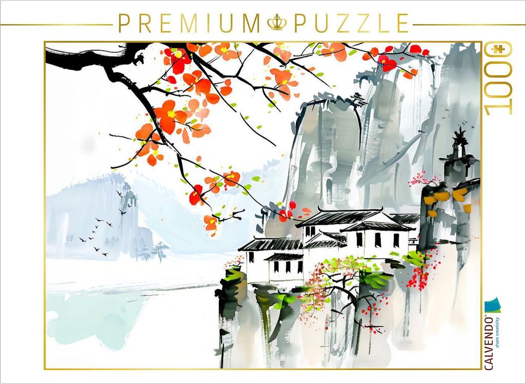 CALVENDO Puzzle Dorf in den Bergen Chinas. Tuschemalerei | 1000 Teile Lege-Größe 64x48cm Foto-Puzzle für glückliche Stunden