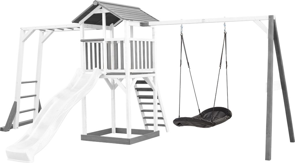 AXI Beach Tower Spielturm aus Holz in Weiß & Grau | Spielhaus für Kinder mit weißer Rutsche, Klettergerüst, Nestschaukel und Sandkasten | Stelz...