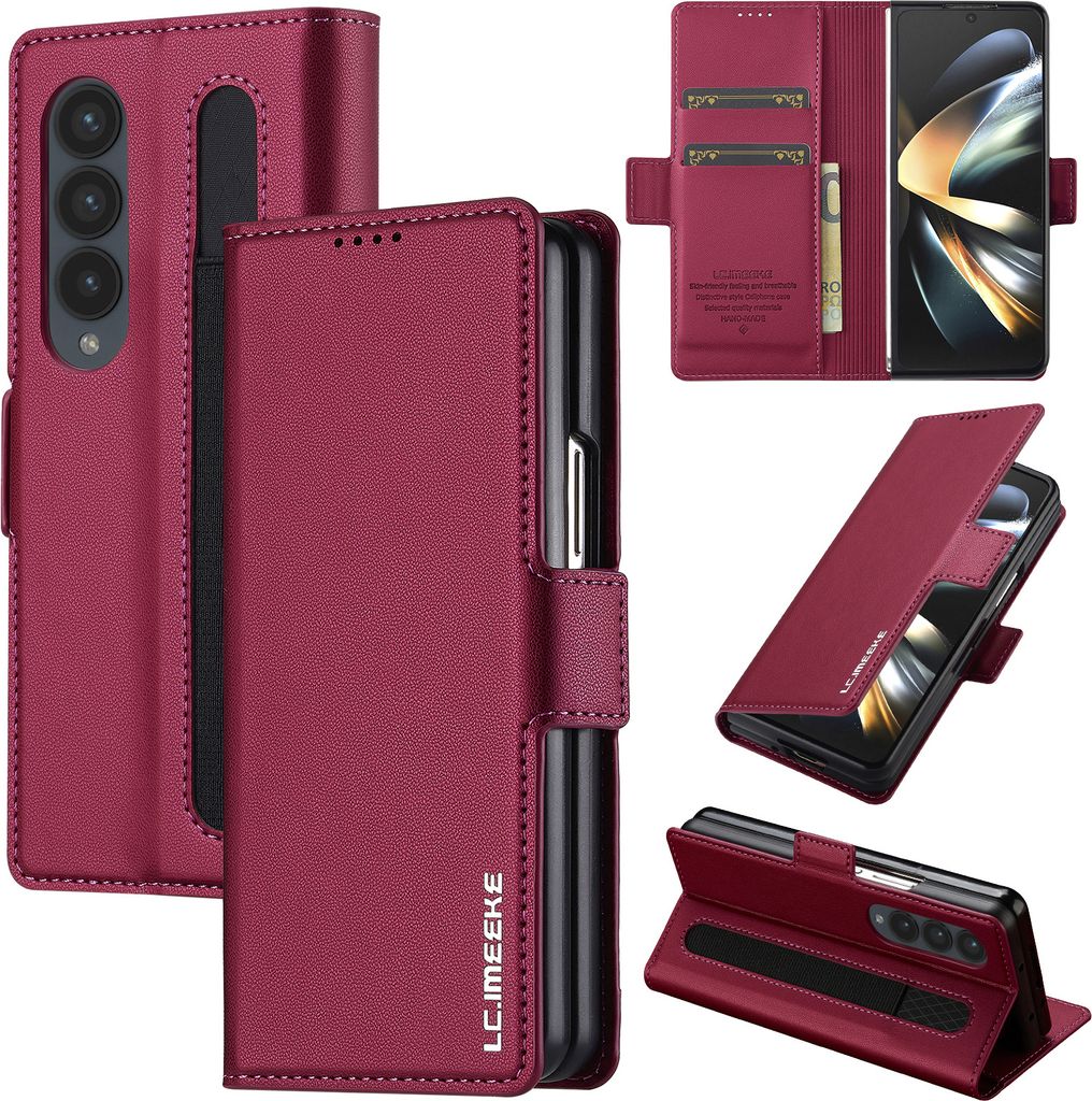 Handyhülle für Samsung Galaxy Z Fold4 5G, Magnetische Flip Leder Hülle mit Kartenfach und Standfunktion Rot