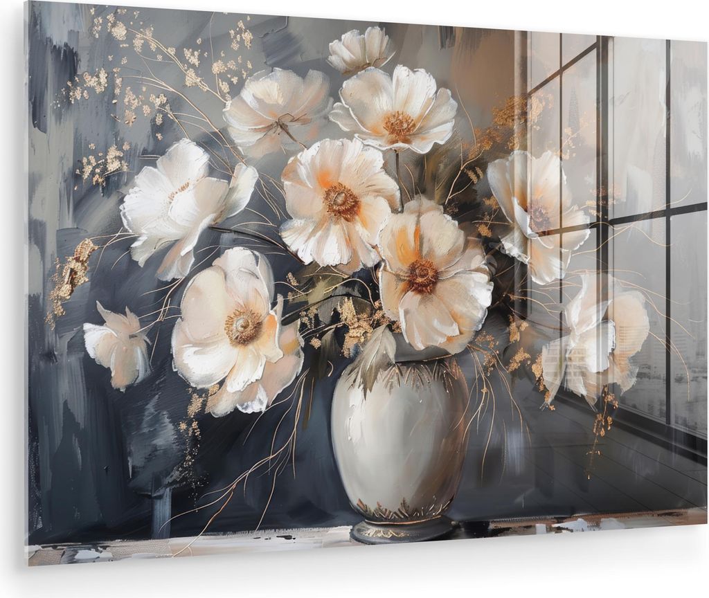 MuchoWow Glasbilder - Bilder auf Wandbild - Foto auf Glas Blumen - Weiß - Vase - Modern 120x80 cm Wanddekoration aus Glas - Acrylglasbild - Acrylb...