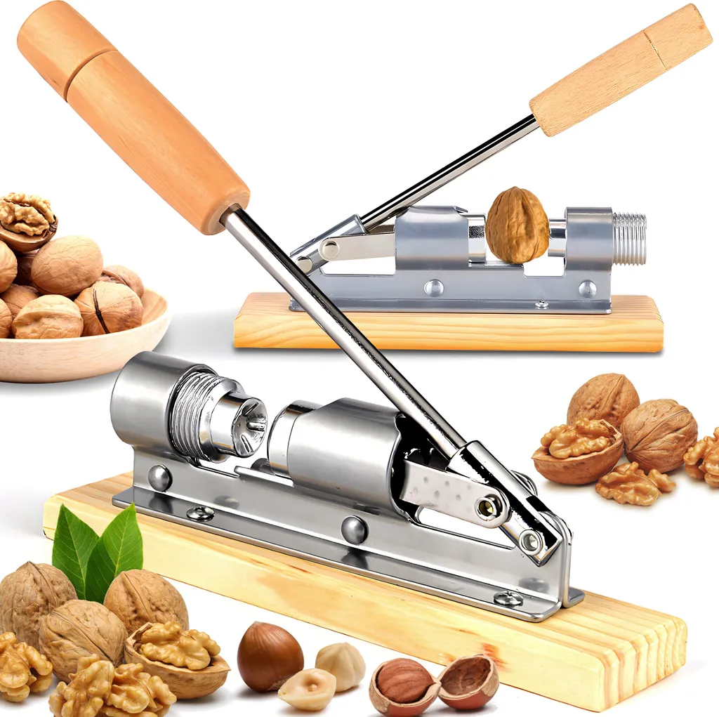 Casse-noix manuel à vis en inox et socle bois pour noix et noisettes