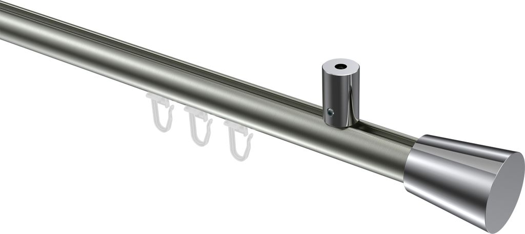 Interdeco Innenlaufstange / Gardinenstange mit Innenlauf Edelstahl-Optik / Chrom, Typ Sonius Sitra (Konus) Deckenmontage, 20 mm Ø 1-läufig, 220 cm