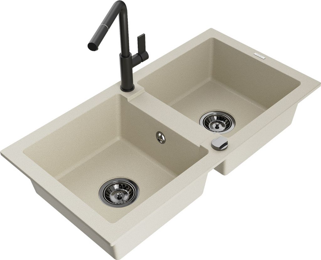 Mexen Mario 2-Becken-Granitspüle mit Mischbatterie Flora, Beige - 6504-69-670401-70-B