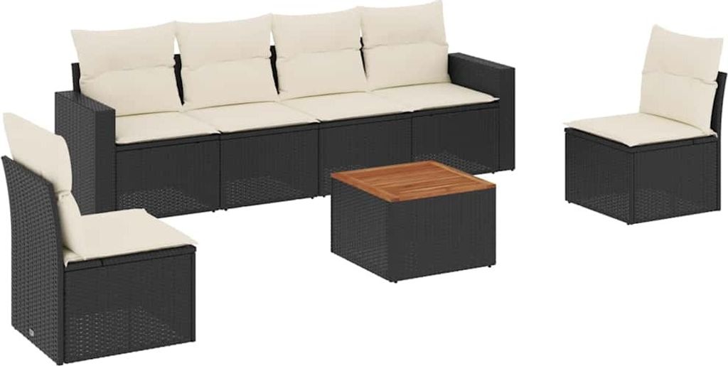 vidaXL 7-tlg. Garten-Sofagarnitur mit Kissen Schwarz Poly Rattan