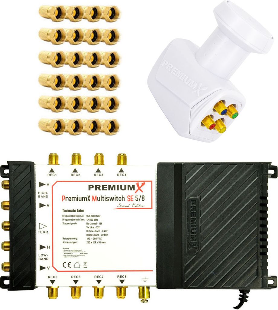 PremiumX Multischalter 5/8 SAT Multiswitch Quattro LNB weiß 24x F-Stecker