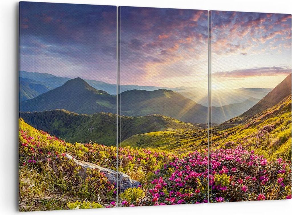 Bild auf Leinwand - Leinwandbild - Gebirge Wiese Landschaft Wald - 105x70cm - Wand Bild - Wanddeko - Leinwanddruck - Bilder - Kunstdruck - Wanddeko...