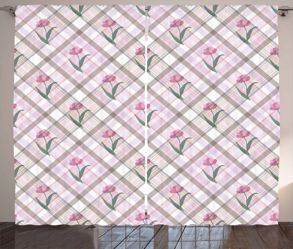 ABAKUHAUS Kariert Rustikaler Gardine, Diagonale Linien Floral, Schlafzimmer Kräuselband Vorhang mit Schlaufen und Haken, 280 x 225 cm, Lila Rosa