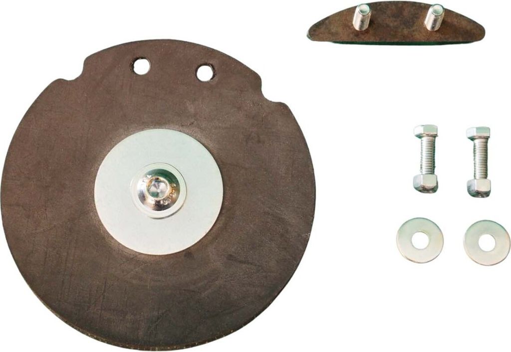 A set of replacement parts for a pump, including a large circular membrane and smaller hardware.