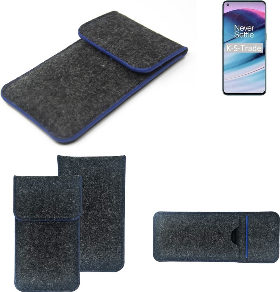 K-S-Trade Handy-Hülle Schutz-Hülle kompatibel mit OnePlus Nord N20 5G Filztasche Pouch Tasche Case Sleeve Filzhülle dunkelgrau, blauer Rand
