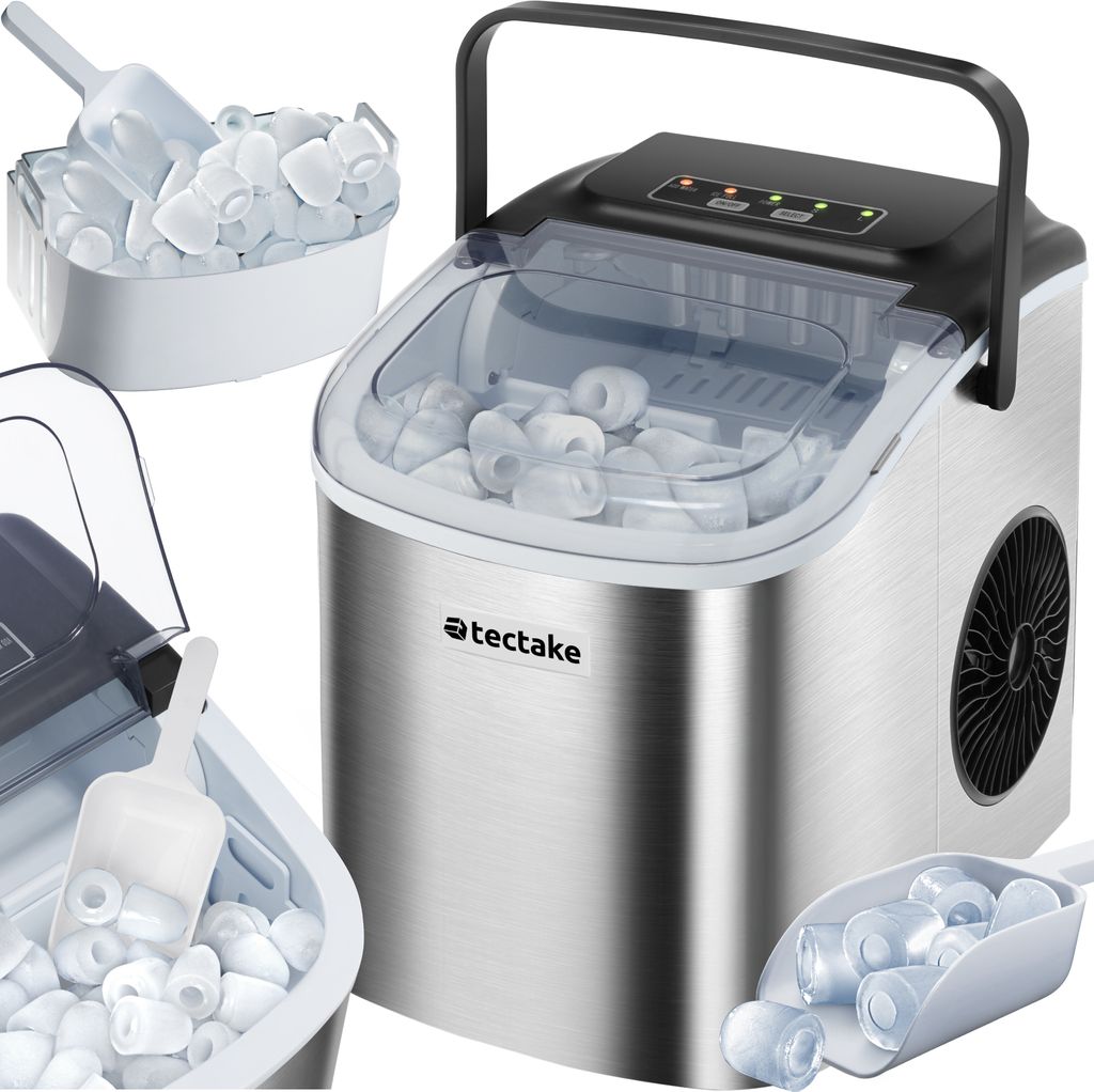A collage of images showing a portable ice maker and its ice cubes.