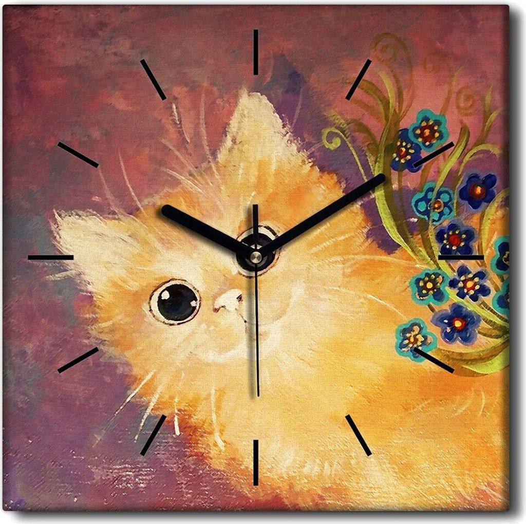 Coloray Uhr auf Leinwand 30x30 cm Wand Uhr Dekoration Wohnzimmer Segeltuch schwarze Hände -Tiere blüht Katze