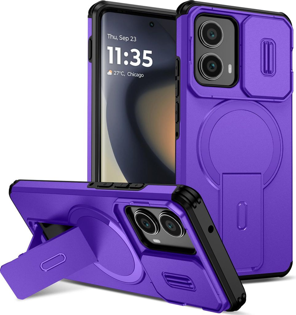 Magnetisch Hülle für Motorola Edge 2024, Dual Layer Stoßfest Handyhülle mit Dia Kameraschutz, Verstellbarem Ständer Lila