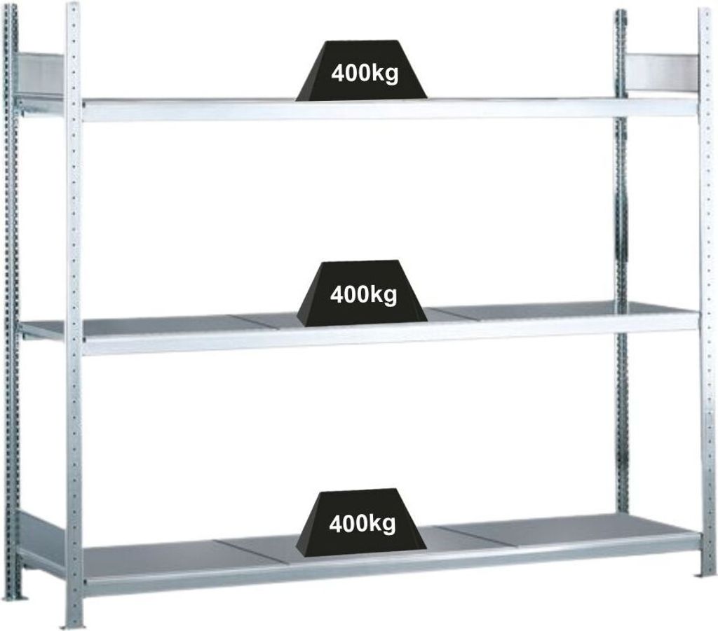 Schulte Weitspannregal mit Stahlböden WS 2000 | Grundregal | HxBxT 200x250x80cm | 3 Ebenen | Fachlast 400kg | Verzinkt