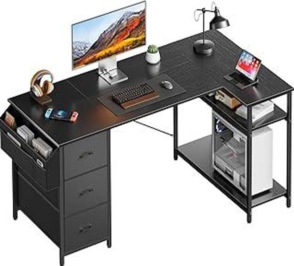 Eckschreibtisch mit 3 Stoffschubladen, 120 x 78 cm Computertisch mit Stauraum, Schreibtisch L Form mit Seitentasche, PC Tisch mit Ablagefächer fü...