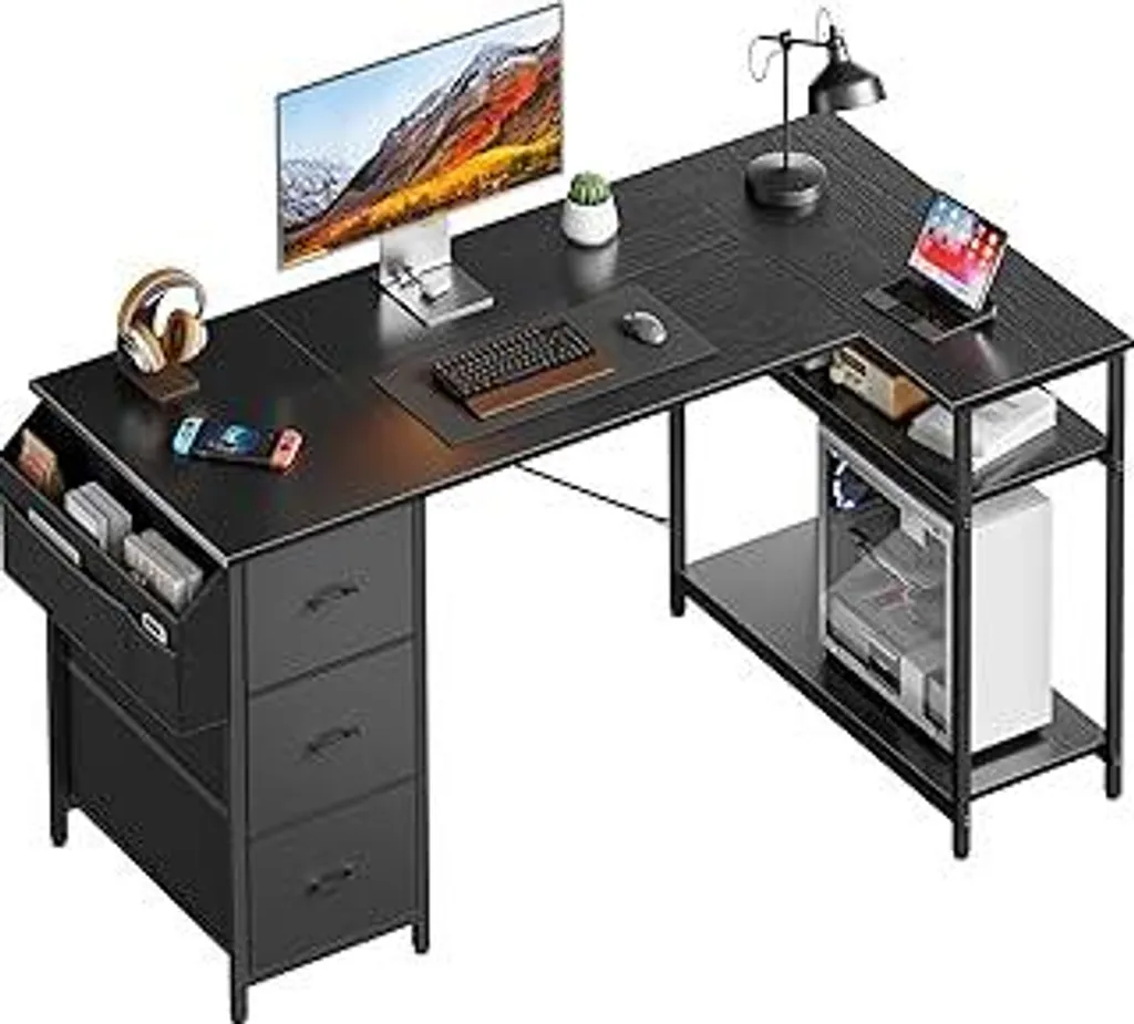 Scrivania angolare con 3 cassetti in tessuto, 120 x 78 cm Scrivania per computer con spazio di archiviazione, scrivania a forma di L con tasca laterale, scrivania per PC con scomparti per ufficio, gaming e home office, nero - 1