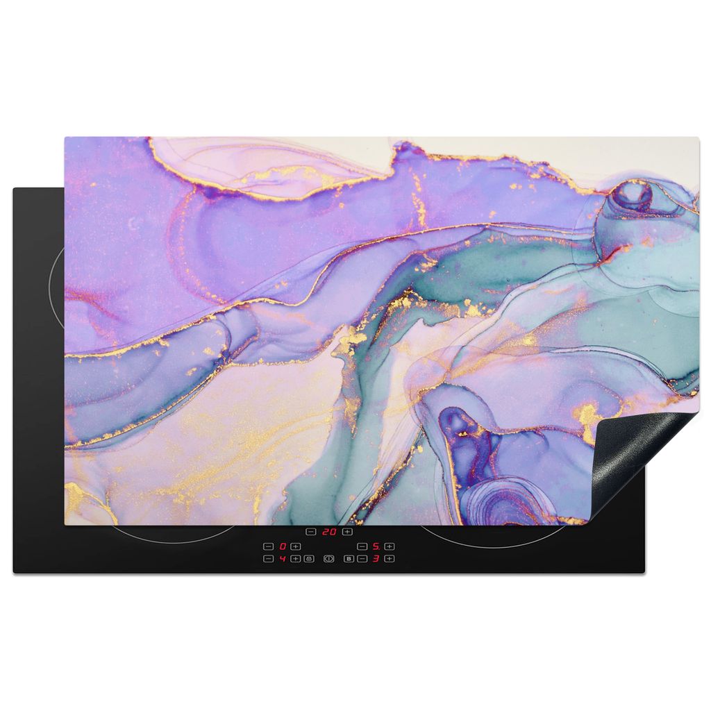 KitchenYeah Herdabdeckplatte Marmor - Bunt - Gold , 85x52cm, Küche Deko, Glaskeramikkochfeld Herdabdeckung, Abdeckplatte fùr Kochfeld