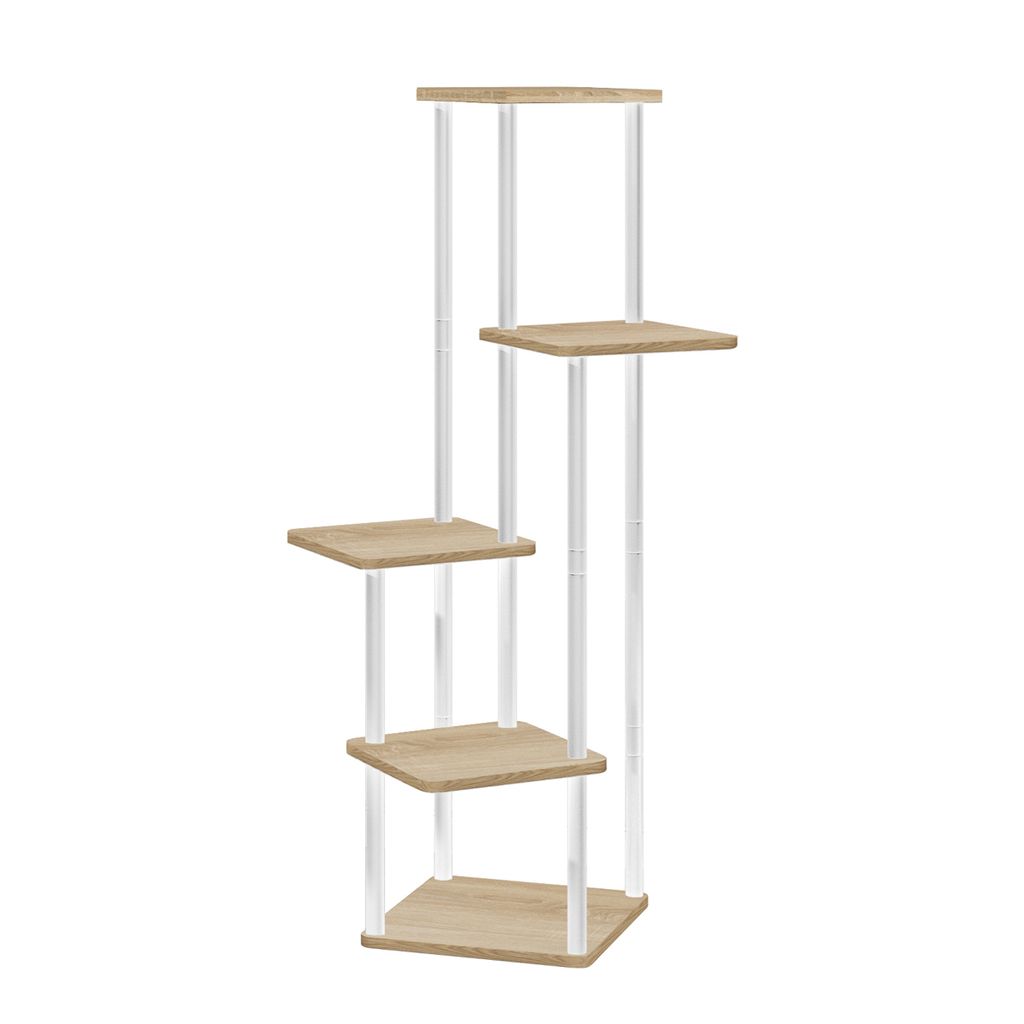 A multi-tiered plant stand with wooden shelves and white cylindrical supports, isolated on a white background.