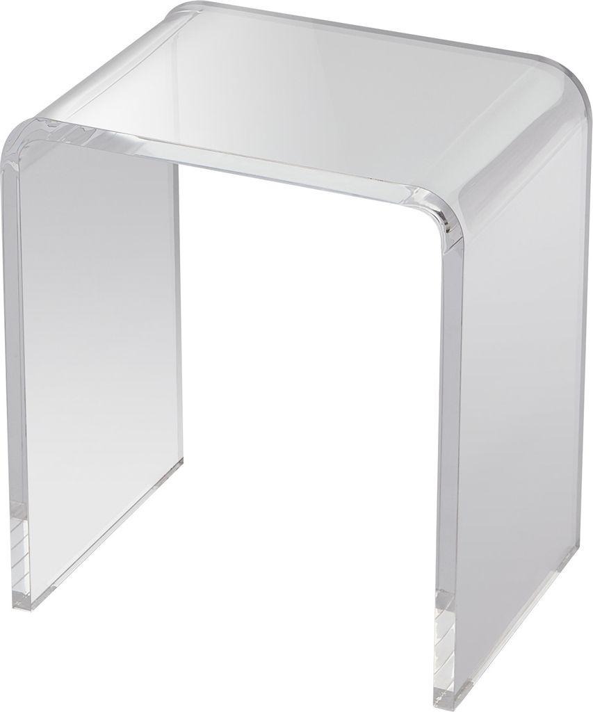 A clear acrylic C-shaped side table is shown against a white background.