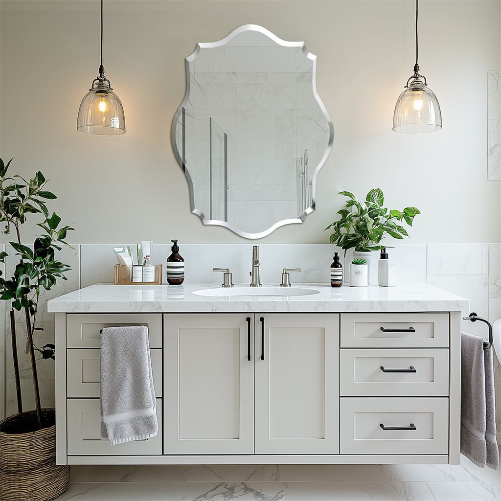 A modern bathroom vanity with a sink, mirror, and accessories.