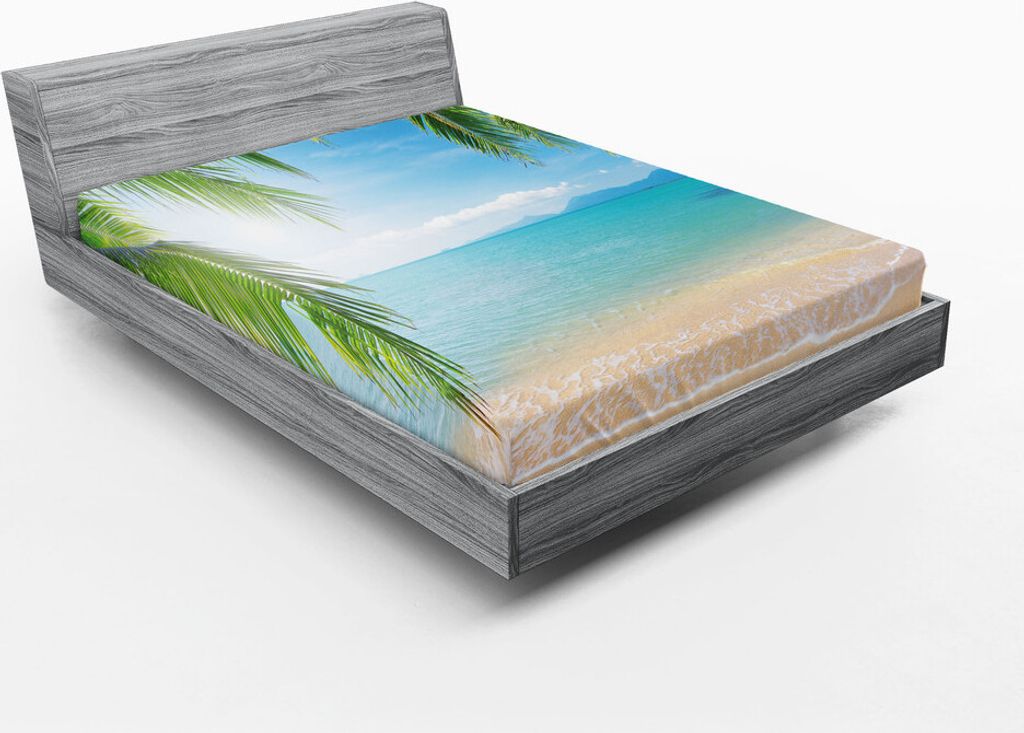 ABAKUHAUS Tropisch Spannbetttuch, Idyllisch Entspannungsurlaub Küste Paradies Ferien Palme Himmel Schaum Meer, 120 x 190 cm, Türkis Braun Sand