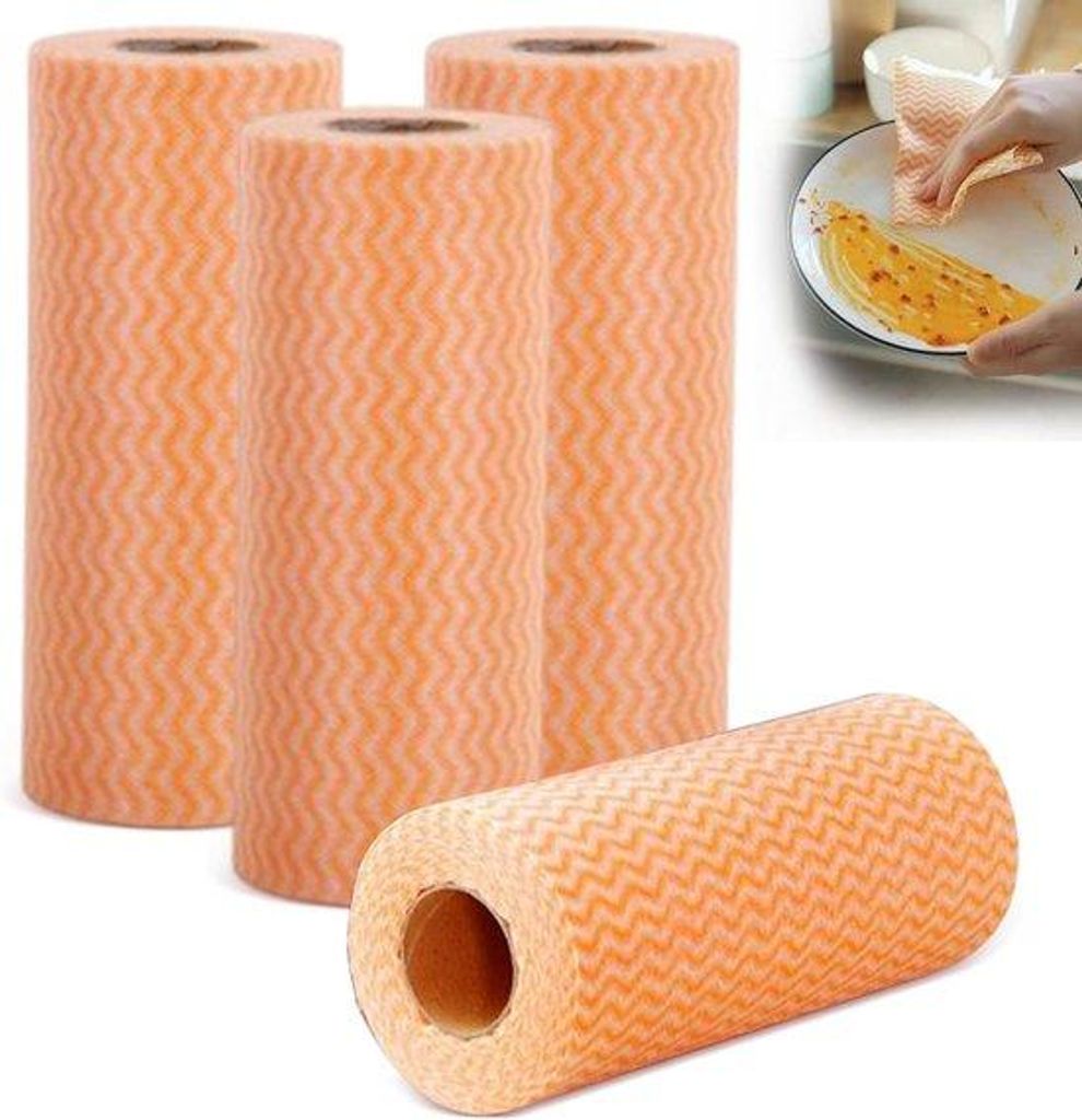 Famanu Reinigungstücher auf Rolle - 4 Rollen - wiederverwendbare J-Tücher - Vliesstoff - multifunktional - orange