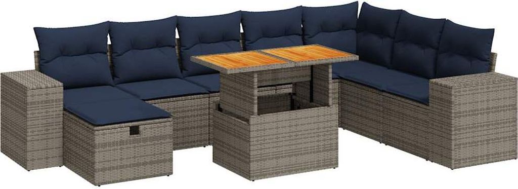 9-tlg. Garten-Sofagarnitur mit Kissen Grau Poly Rattan Akazie