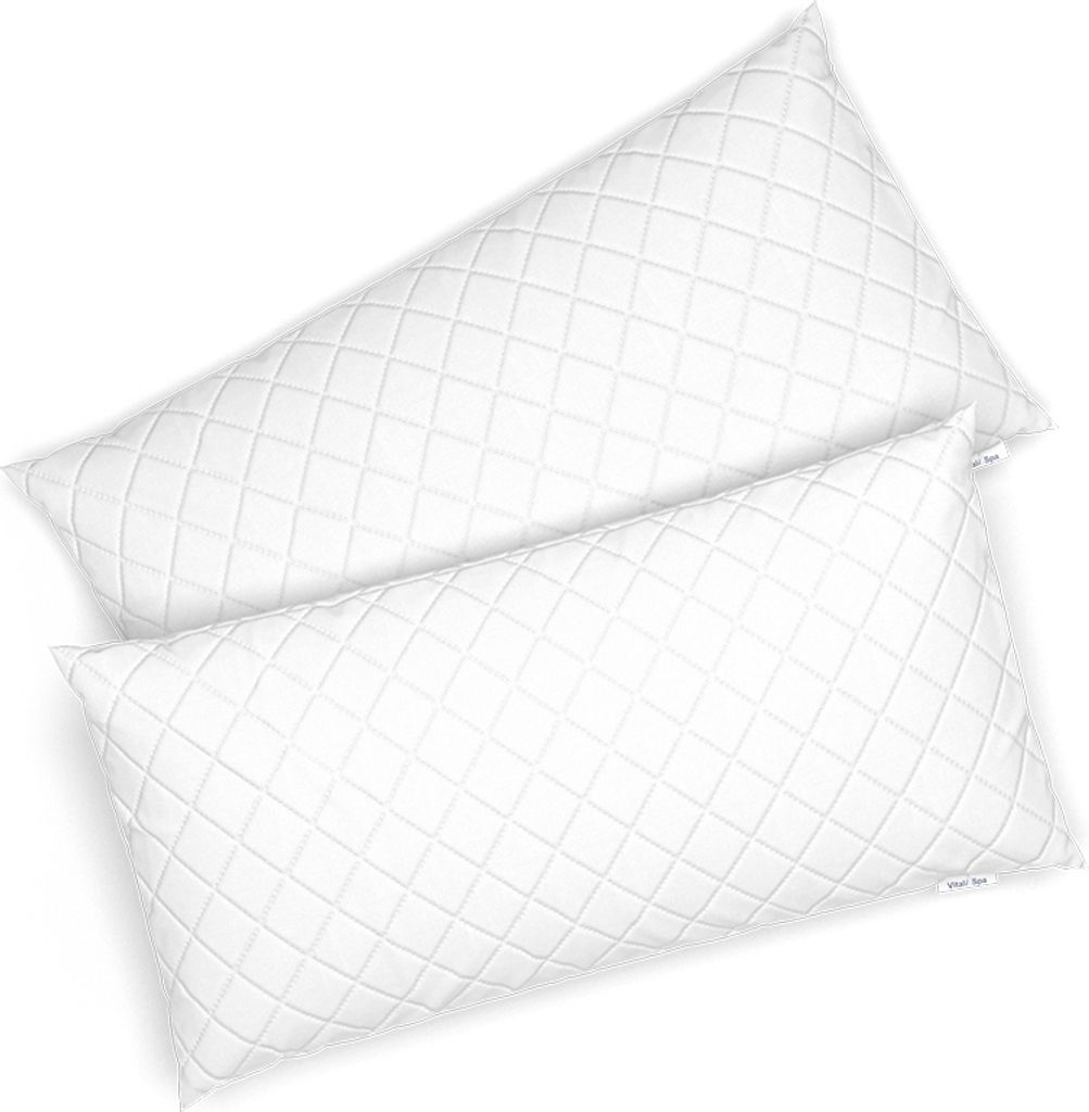 Two white pillows with a diamond pattern are shown on a white background.
