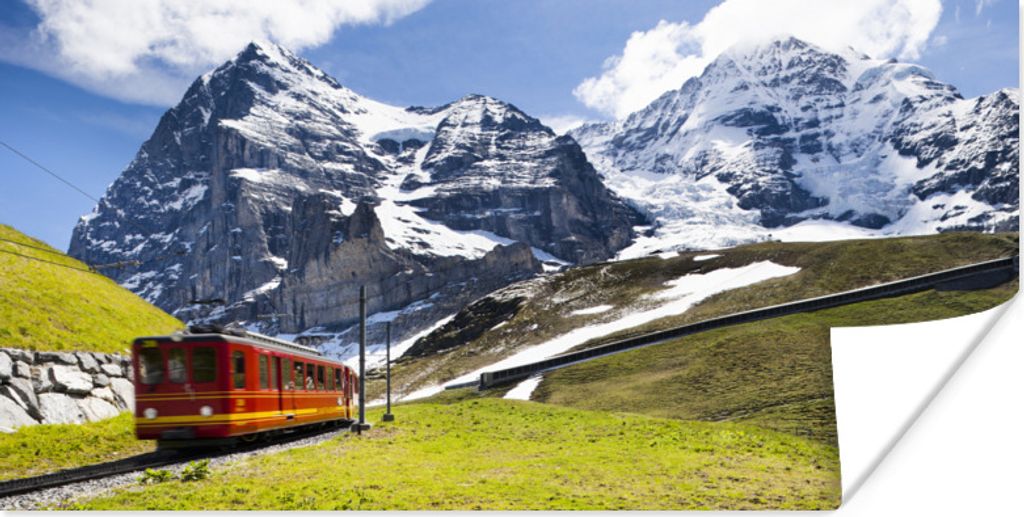 MuchoWow Poster Ein roter Zug mit Bergen im Hintergrund 80x40 cm - Wanddeko