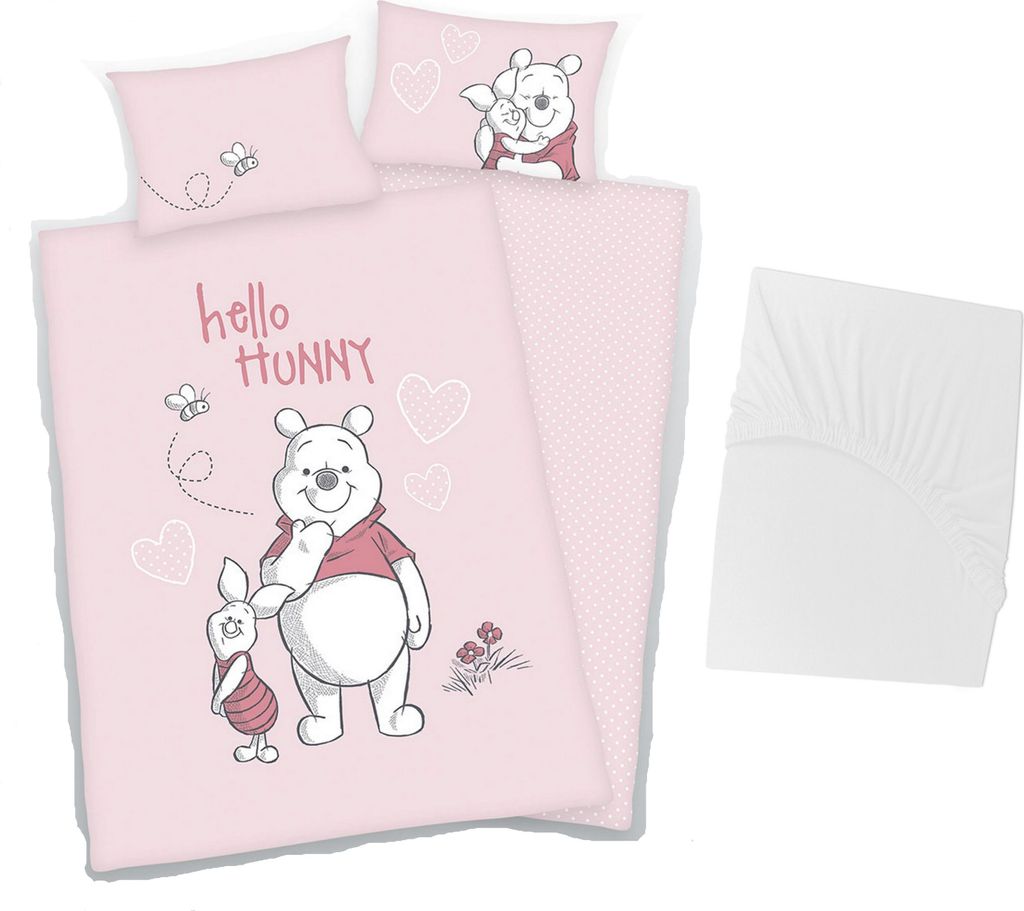 3 tlg Baby Bettwäsche Set - Winnie Pooh Hello Hunny - Renforcé - 40x60 100x135 cm + 1 Spannbettlaken weiß 60x120 - 70x140 cm